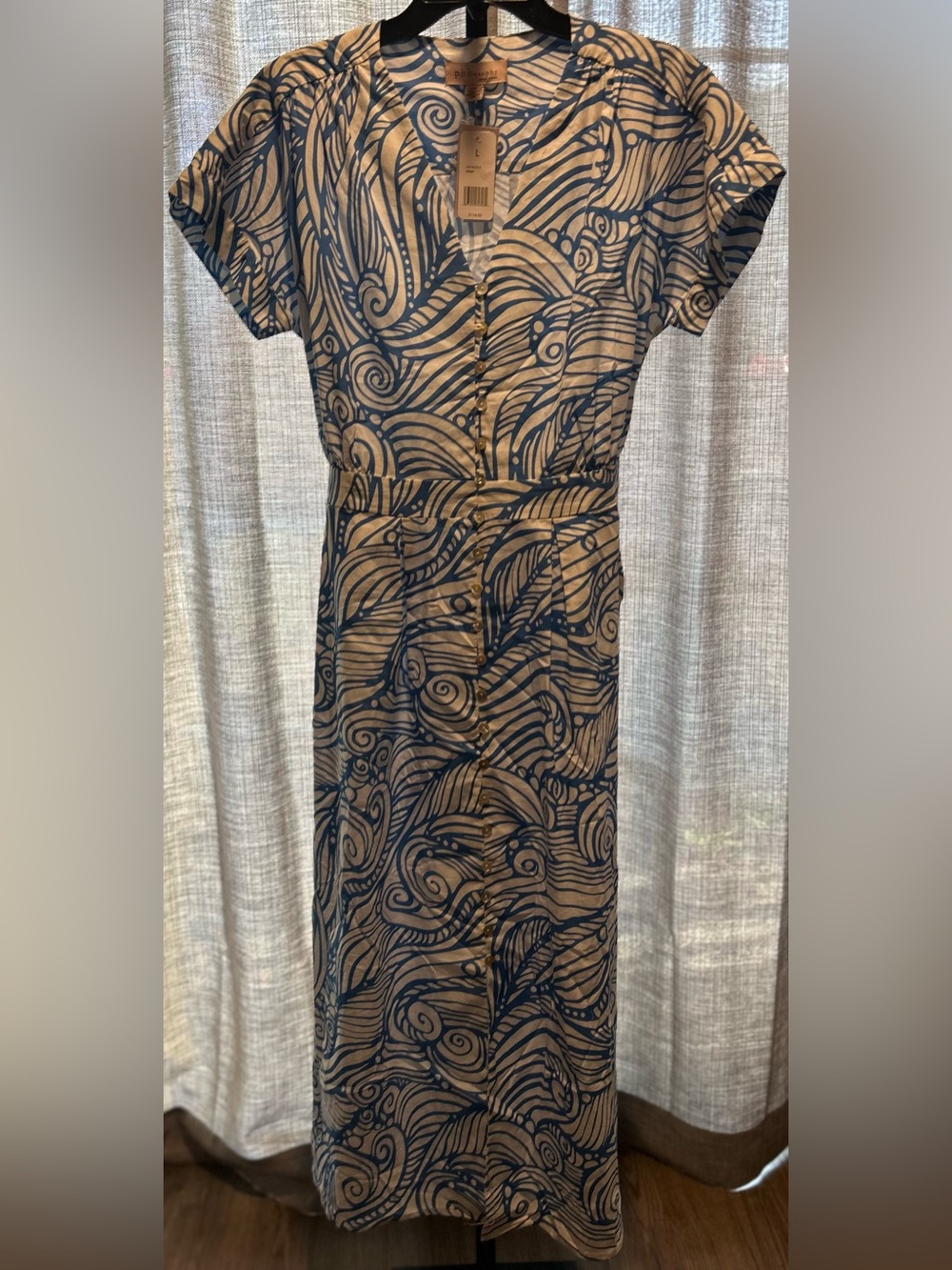 Philosophy White Midi Dress with Blue Swirl Print